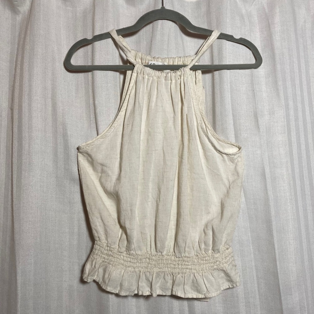 Le‎ Papillon Womens Cream Halter Top Rayon Linen Blend Smocked Ruffle Hem Small